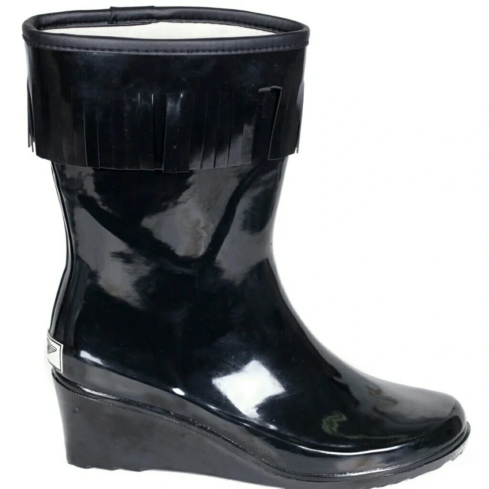 Women Rain Boots, Mid Calf Rubber Wedge Rainboots with Tassels, RB-1811, Black - Picture 2 of 4